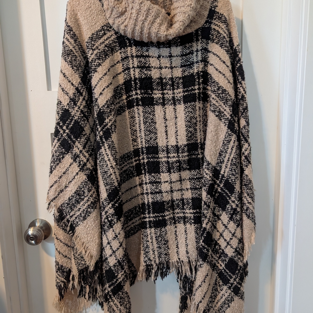 Plaid Cowl Neck Sweater Poncho